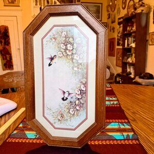 Vintage Hummingbirds and Blooms by Margie Morrow in Octagonal Wooden Frame